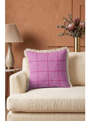 Hanna Home Dekoratif Kırlent Kılıfı Krem Beyaz Geometrik Mor Beyaz Kırlent Kılıfı Yatak Odası Dekoru 43X43 cm