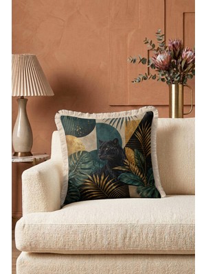Hanna Home Saçaklı Kırlent Kılıfı Kırlent Kılıfı Tropikal Panter Desenli Oturma Odası Kırlenti Saçaklı Kırlent Kılıfı 43X43 cm