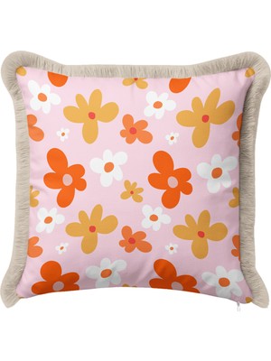 Hanna Home Saçaklı Kırlent Kılıfı Çiçek Desenli Salon Koltuk Yastığı Saçaklı Saçaklı Kırlent 43X43 cm