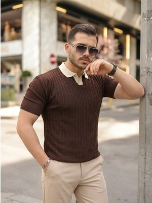 Veraura Lifestyle Erkek Yaka Detaylı Desen Dokulu Triko Tişört
