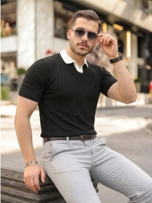 Alyn Wear Erkek Yaka Detaylı Desen Dokulu Triko Tişört