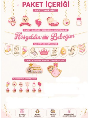 Bkmc Hoşgeldin Bebeğim Parti Seti | Kız Bebek Baby Shower Süsleri, Banner, Kapı Süsü ve Pasta Figürleri