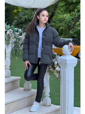 Pina Kids Kız Çocuk Nova Kumaş Kapüşonlu Cepli Beli Lastikli Büzgülü Su Geçirmez Kışlık Mont KM4013