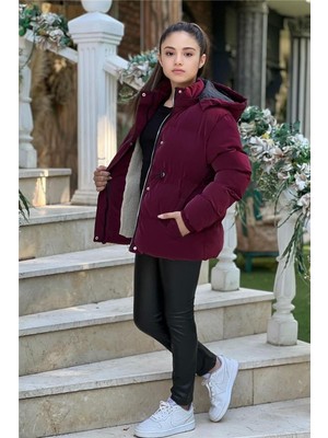 Pina Kids Kız Çocuk Nova Kumaş Kapüşonlu Cepli Beli Lastikli Büzgülü Su Geçirmez Kışlık Mont KM4013