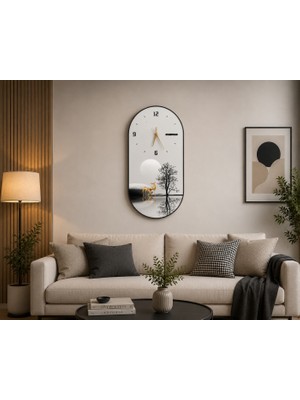Armasse Doğanın Yansıması Geyik Temalı Dekoratif Oval Duvar Saati 60X30 cm – Modern Salon ve Ofis Saati