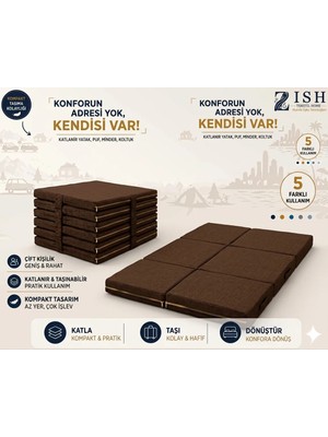 Zish Home Multipurpose 5 In 1 Kahverengi Çift Kişilik Katlanır Süngerli Misafir Yer Yatağı ve Minder 7cm