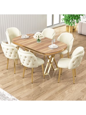 Canisa Zae Serisi 90X168 Lak Panel Hazar Gold Ayak Masa Takımı 6 Sandalye