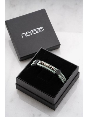 Nereze Çift Sıra Su Yeşili Deri Model Erkek Çelik Bileklik