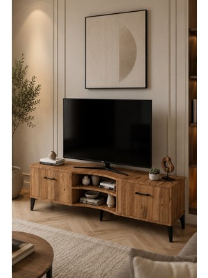 Reyo Falez Vera tv Sehpası 160X35X50 cm Çok Amaçlı Televizyon Ünitesi Raflı Dolaplı Salon Oturma Odası 5055 Atlantik