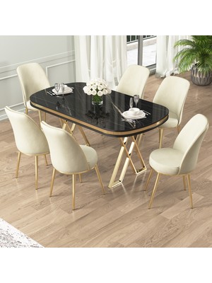 Canisa Lai Serisi 90X168 Lak Panel Sonata Gold Ayak Masa Takımı 6 Sandalye