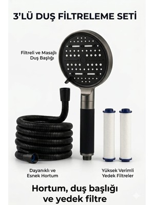 Segy Home 3 Lü Set Yüksek Basınçlı Klor ve Kireç Önleyici Filtreli Duş Başlığı Seti / 6 Fonksiyonlu, 2 Yedek Filtreli, Paslanmaz Hortum