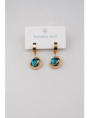 Trend Collection Gold Renk Çelik Küpe Mavi Taşlı Ay Yıldız Sallantılı Küpe