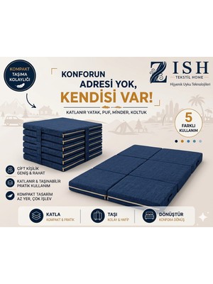 Zish Home Multipurpose 5 In 1 Mavi Çift Kişilik Katlanır Süngerli Misafir Yer Yatağı ve Minder 7cm