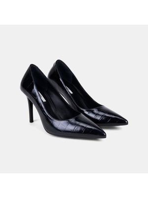 Desa Kadın Siyah Kroko Baskılı Sivri Burunlu Klasik Deri Stiletto