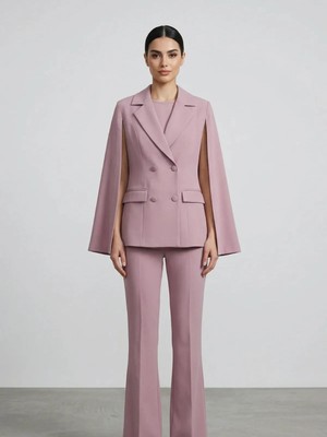 Crystalia Sırtı Taş Işlemeli ve Pelerin Detaylı Kruvaze Blazer Ceket
