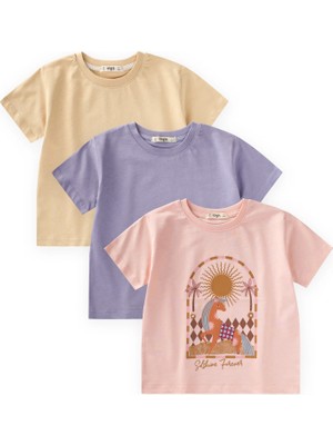 Cigit Kız Çocuk Üçlü Set T-Shirt Kısa Kol Günlük Lila Sarı Pudra %100 Pamuk 2-10 Yaş