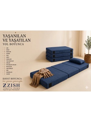 Zish Home FLEXA Mavi 7 cm Katlanır Sünger Yatak | Yer Yatağı, Misafir Yatağı | Puf, Koltuk, Şilte ve Minder Kullanımı | Taşıma Kulplu | Fermuarlı Yıkanabilir Keten Kılıf | 24 DNS Orta Sert Sünger