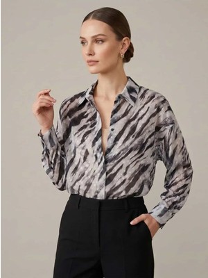 Crystalia Puantiye Detaylı Zebra Desenli Oversize Şık Gömlek / Tunik