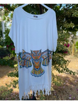 Bohemania Kadın Beyaz Baykuş Desen Pareo Plaj Elbisesi