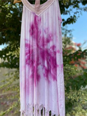 Bohemania Kadın Pembe Batik Desen Kloş Plaj Elbisesi