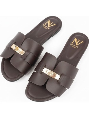 Ne&Ve Shoes Kahve Deri Kilit Aksesuar Detaylı Kadın Günlük Rahat Terlik