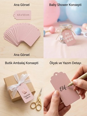 30 Adet Toz Pembe Hediye Etiketi 4,5x9,5 cm - Baby Shower, Doğum Günü, Nişan Süsleme Kartı