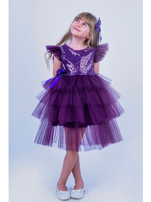 Buse & Eylül Bebe Mor Pullu Kız Çocuk Parti Elbisesi