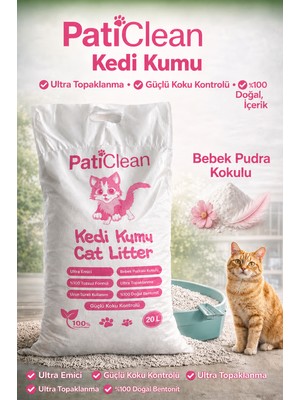 Pati Clean Bebek Pudra Kokulu 20 lt İnce Taneli Süper Topaklanan Kedi Kumu %99 Tozsuz