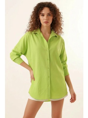 ALFA AKSESUAR 03 Kadın Oversize Kesim Basic Pamuklu Çağla Yeşili Gömlek