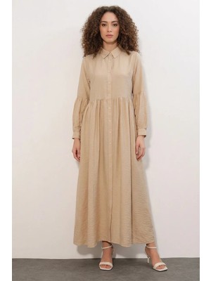 ALFA AKSESUAR 03 Kadın Gömlek Yaka Beli Büzgülü Balon Kol Düğmeli Bej Tesettür Elbise