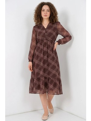 ALFA AKSESUAR 03 Kadın V Yaka Beli Büzgülü Çizgili Desen Şifon Açık Kahve Elbise