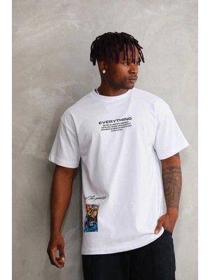 MiraLive Bisiklet Yaka Baskılı Oversize T-Shirt - Beyaz -