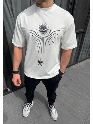 MiraLive Bisiklet Yaka Baskılı Oversize T-Shirt - Beyaz -