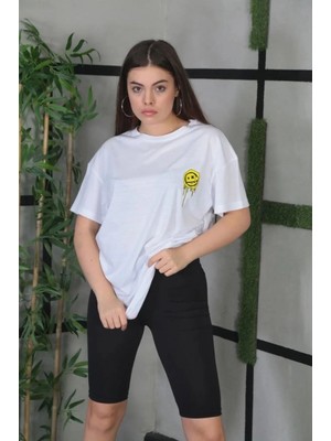 MiraLive Bisiklet Yaka Baskılı Oversize T-Shirt - Beyaz -