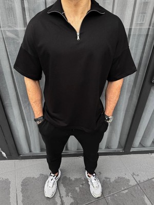 MiraLive Yarım Fermuarlı Basic T-Shirt - Siyah -