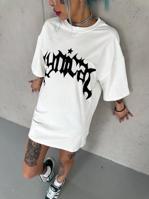 MiraLive Bisiklet Yaka Baskılı Oversize T-Shirt - Beyaz -