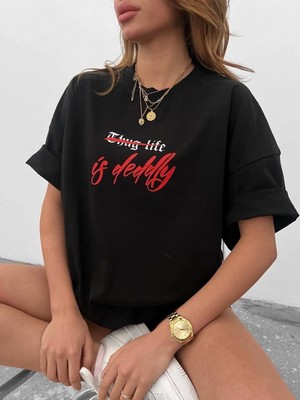 MiraLive Bisiklet Yaka Baskılı Oversize T-Shirt - Siyah -
