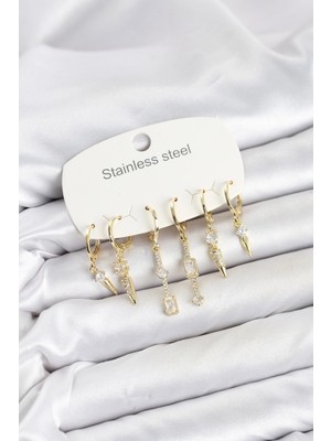 Pileli Store Mey Ithalat® 316L Çelik Gold Renk Zirkon Taşlı Kadın Küpe Seti