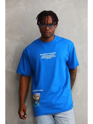 MiraLive Bisiklet Yaka Baskılı Oversize T-Shirt - Mavi -