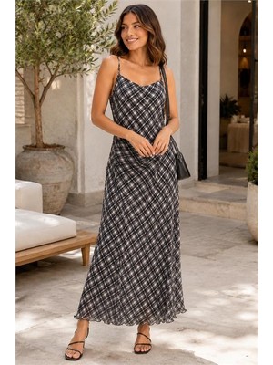 Neşeli Butik Kadın Siyah Ekose Desen Ince Askılı Astarlı Midi Boy Tül Elbise NBELB10
