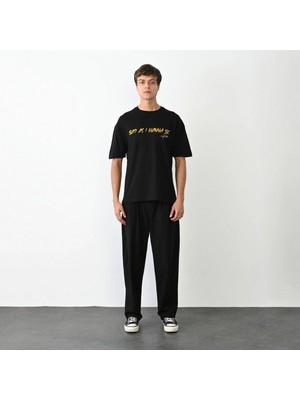 MiraLive Bisiklet Yaka Baskılı Oversize T-Shirt - Siyah -