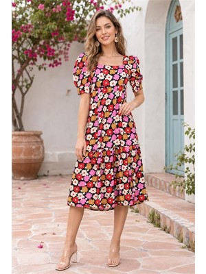 Neşeli Butik Kadın Kırmızı Midi Boy Çiçek Desenli Kare Yaka Yazlık Viskon Elbise NBELB12