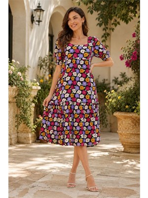 Neşeli Butik Kadın Lila Midi Boy Çiçek Desenli Kare Yaka Yazlık Viskon Elbise NBELB12