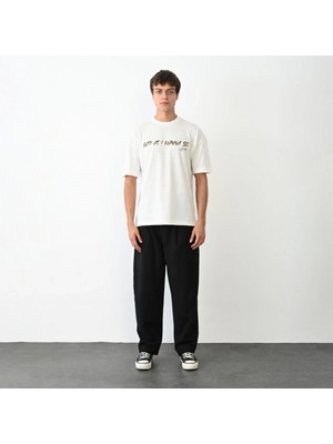 MiraLive Bisiklet Yaka Baskılı Oversize T-Shirt - Beyaz -