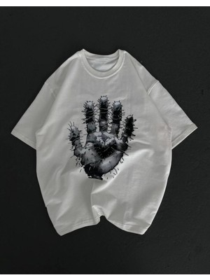 MiraLive Bisiklet Yaka Baskılı Oversize T-Shirt - Beyaz -