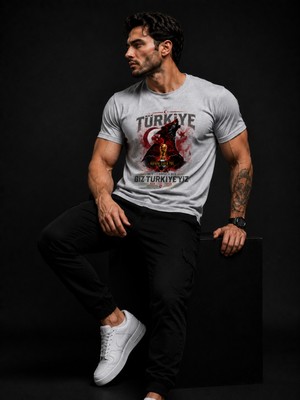 Enb1r Moda Türkiye Taraftar Tişörtü Unisex Ay Yıldız Bozkurt Baskı Detaylı Bej Premium T-Shirt