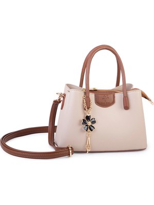 Nas Bag Mini Çiçek Charmlı Kadın  Şık El ve Çapraz Çanta (En 25 cm ;boy 22 cm ) Kum Taba