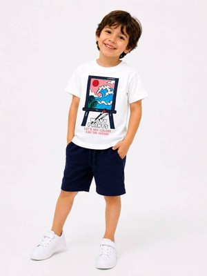 Cg Kids Baskılı T-Shirt ve Lacivert Müslin Şort Erkek Çocuk Alt Üst Takım