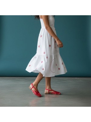 Ne&Ve Shoes Kırmızı Saten Biye Kadın Günlük Kadın Sandalet