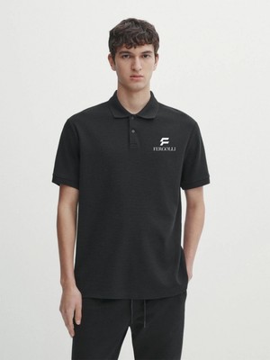 MiraLive Yakası Düğmeli Yakalı Pike Baskılı T-Shirt - Beyaz -